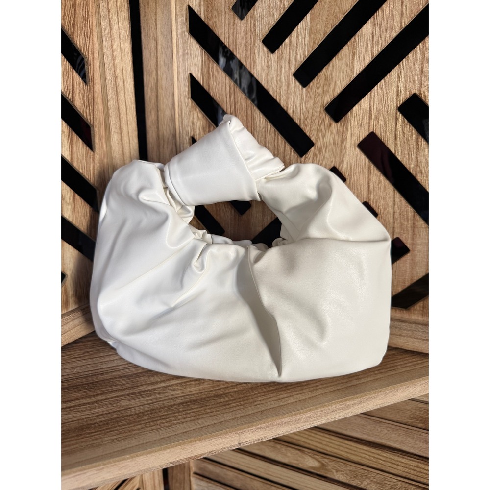 White Faux Leather Knotted Handle Clutch Bag • Soft Dumpling Style • No Brand - Picture 2 of 4